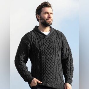 ARAN Shawl Neck Honeycomb Sweater